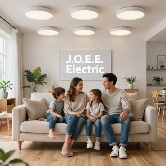 Family sitting on a beige sofa in a bright living room beneath a “J.O.E.E. Electric” sign.