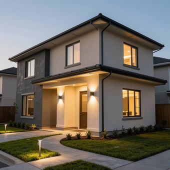Modern two-story house with lit windows, front porch, and landscaped lawn at dusk