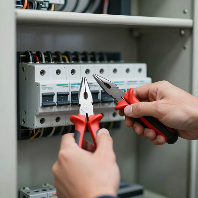Hands using pliers to work on an electrical circuit breaker panel