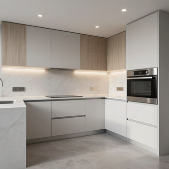 Modern minimalist kitchen with white and wood cabinets, gray countertops, and built-in oven