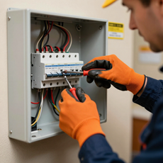 Electrician wiring a breaker panel in a gray electrical box, using orange gloves and a screwdriver.