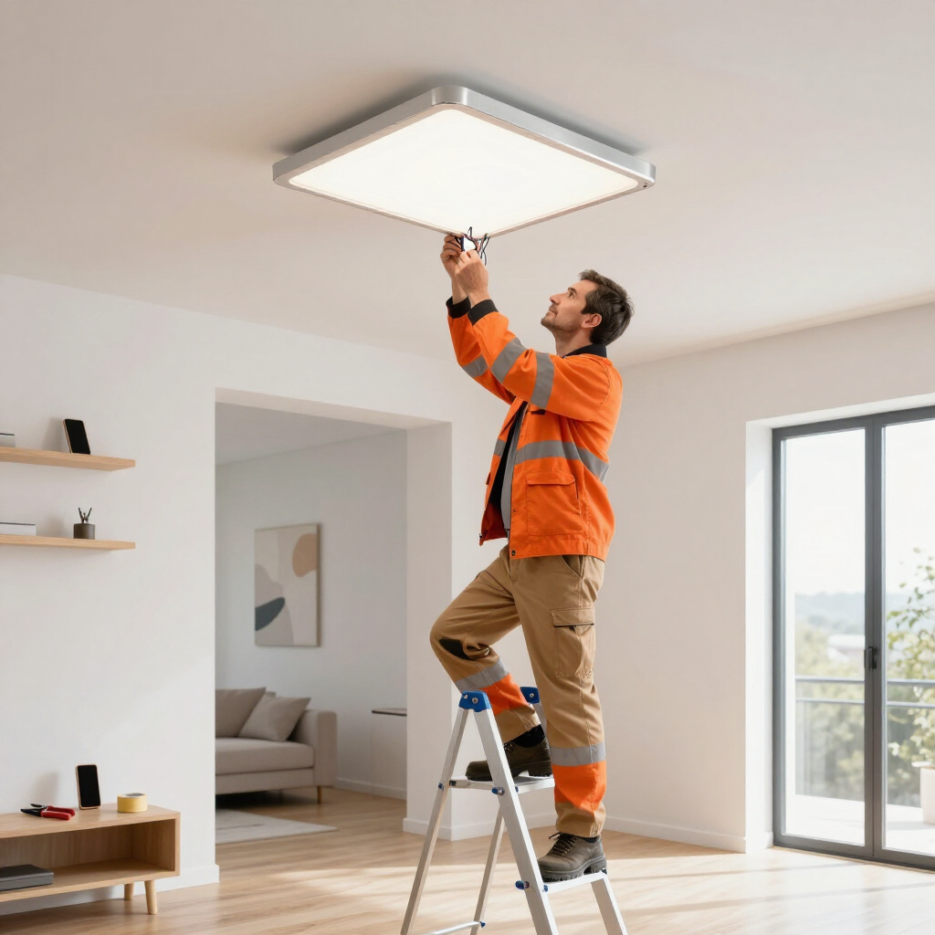 Person on a step ladder installing a ceiling light in a bright living room.