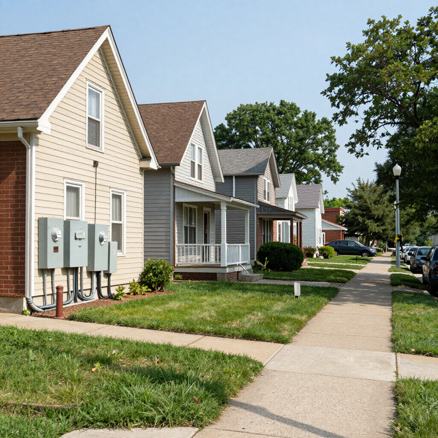 Row of beige suburban houses with porches along a tree-lined sidewalk on a sunny day