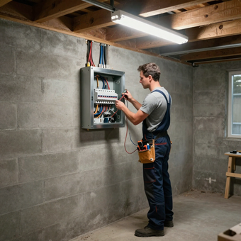 Electrician wiring a wall-mounted electrical panel in a bare basement under exposed beams.