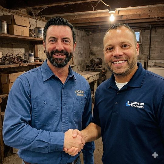 Two men in blue shirts shaking hands in a workshop, smiling at the camera.