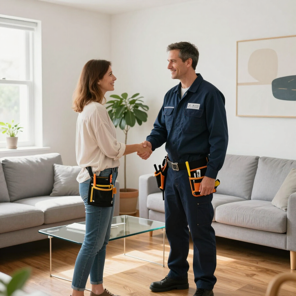 Two workers shaking hands in a bright living room, both wearing tool belts and work uniforms.