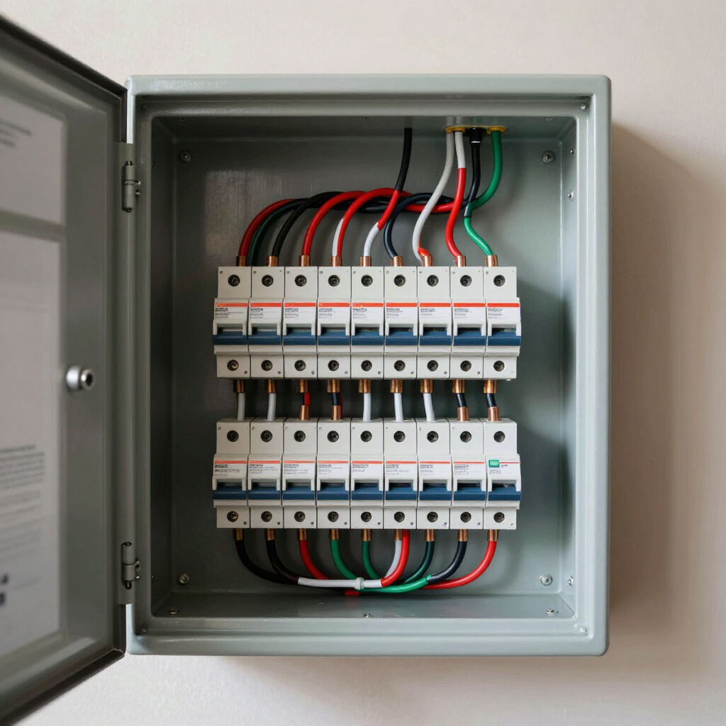 Open electrical breaker panel with rows of switches and red, black, green, and white wires