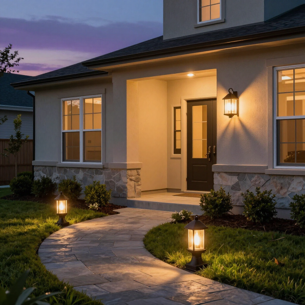 Warmly lit house entrance at dusk with a curved stone walkway and garden path lights