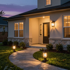 Front porch at dusk with warm lights, a curved stone walkway, and a lit house entrance.