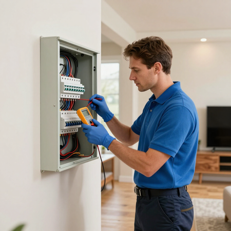 Electrician testing wiring in an open wall electrical panel with a multimeter in a home interior