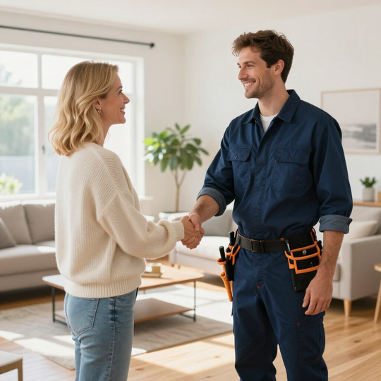 Homeowner shaking hands with a smiling repairman in a bright living room.