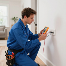 Electrician in blue workwear testing a wall outlet with a multimeter indoors.