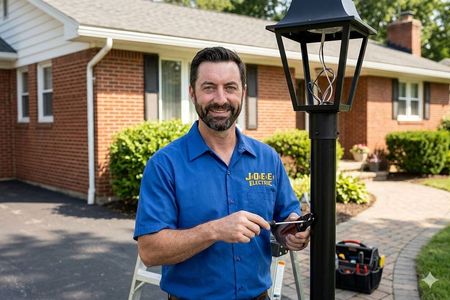 Technician in blue shirt adjusting a lamp post in front of a brick house.