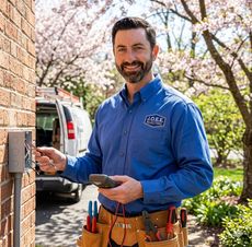 Technician in blue shirt and tool belt working on an outdoor wall near a parked van.