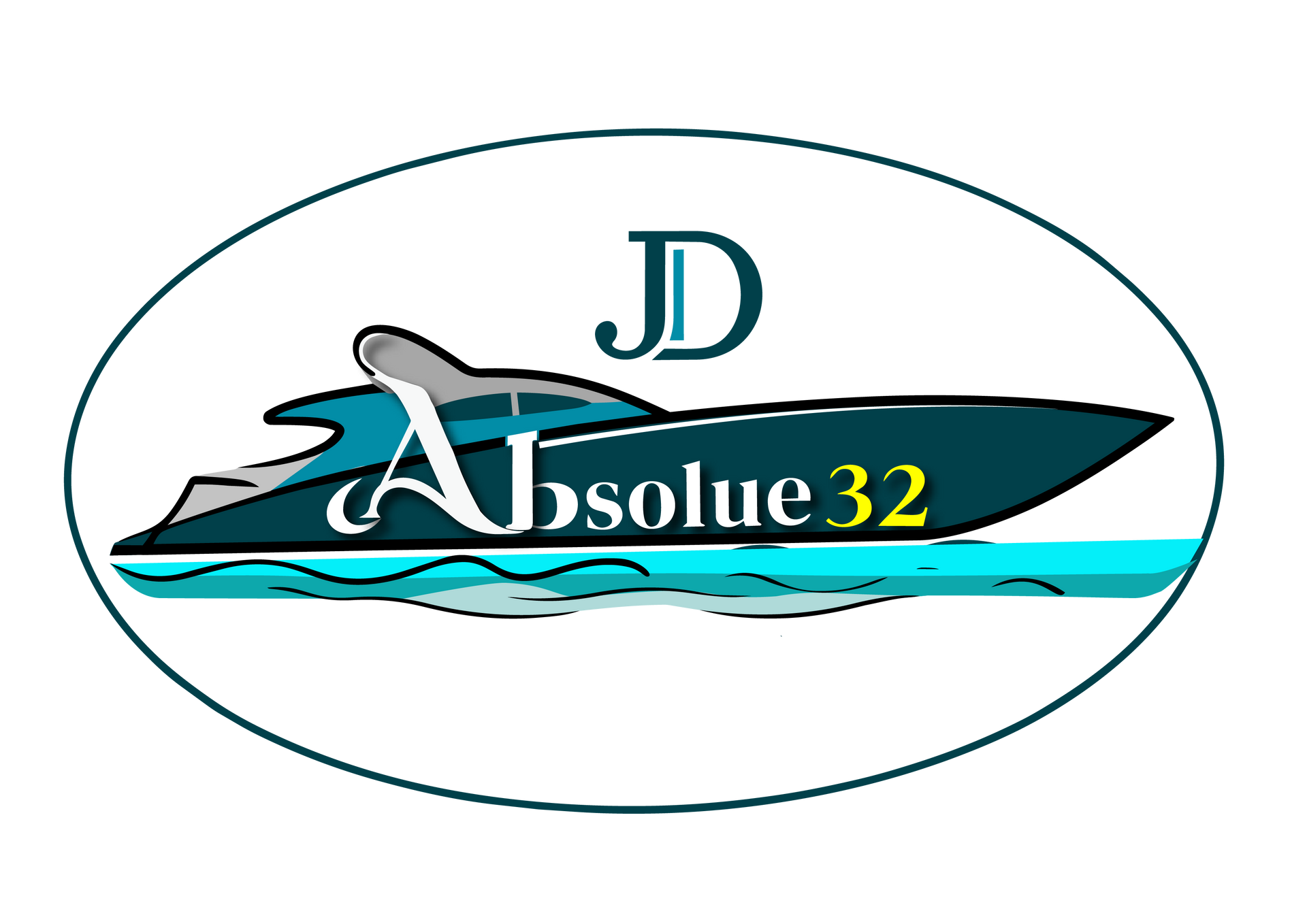 Logo pour « JD Absolution32 » avec un bateau stylisé turquoise et noir à l'intérieur d'un cadre ovale
