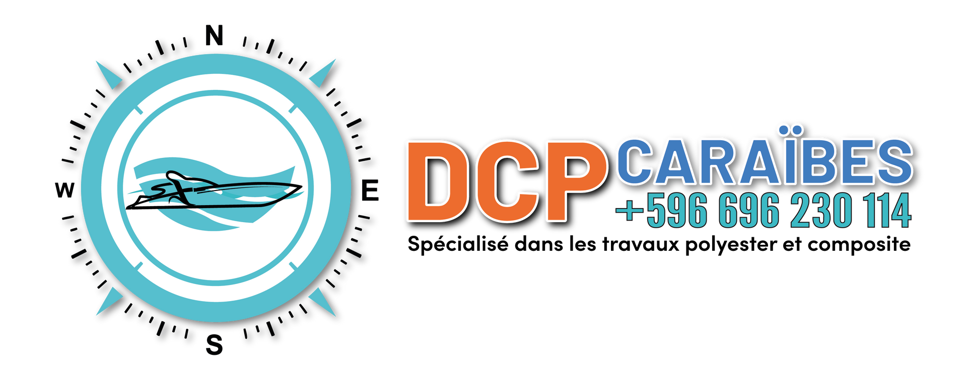Logo DCP Caraïbes avec emblème nautique turquoise et texte orange, plus numéro de téléphone et slogan sur fond blanc