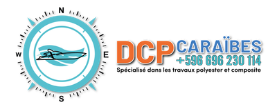 Logo DCP Caraïbes avec emblème nautique turquoise et texte orange, plus numéro de téléphone et slogan sur fond blanc