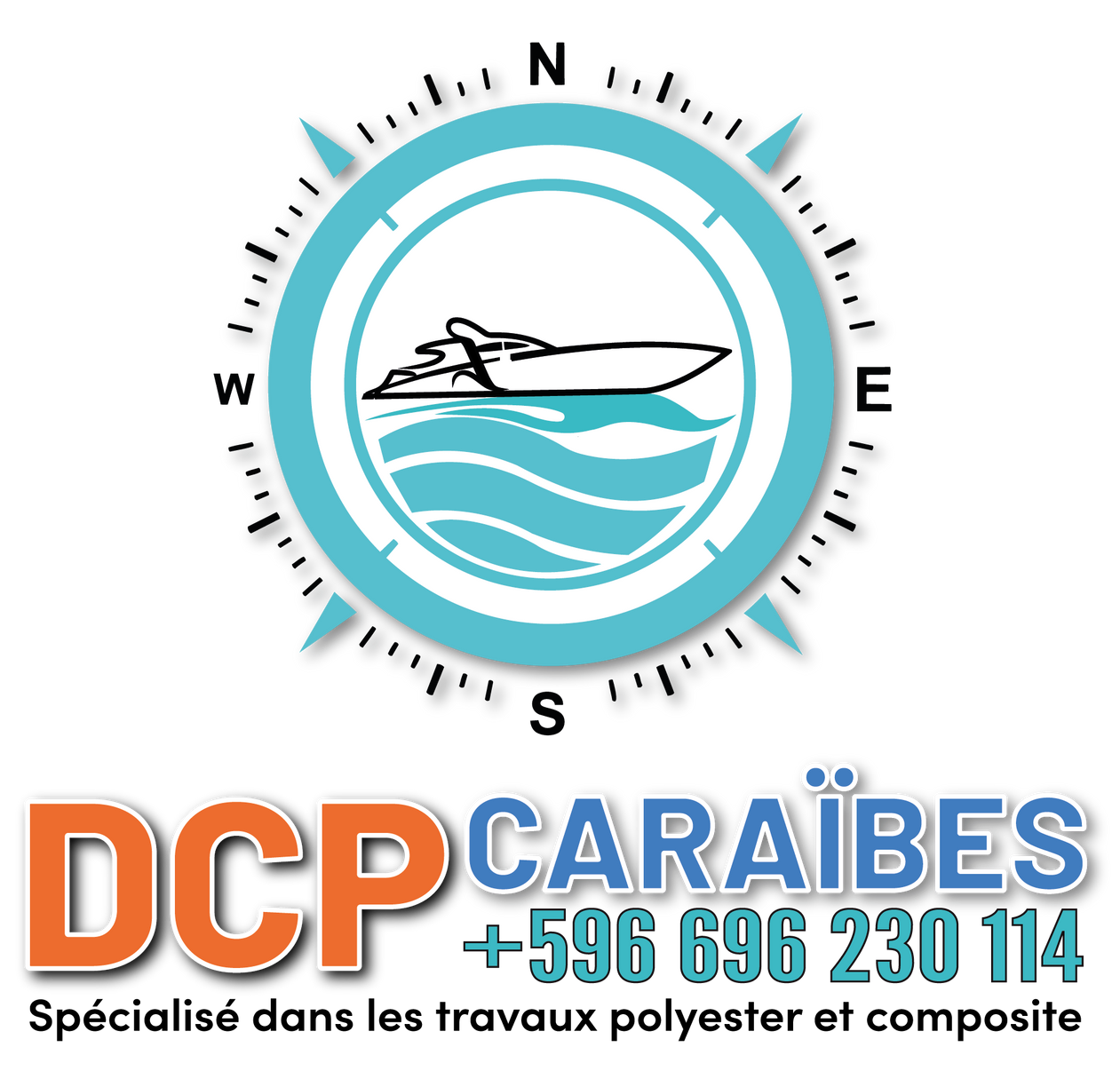 Logo DCP Caraïbes avec bateau, boussole et vagues bleues, coordonnées +596 696 230 114