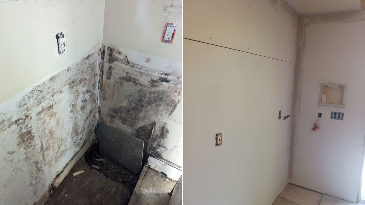 Moldy, damaged interior wall corner with peeling paint and debris near an unfinished room opening