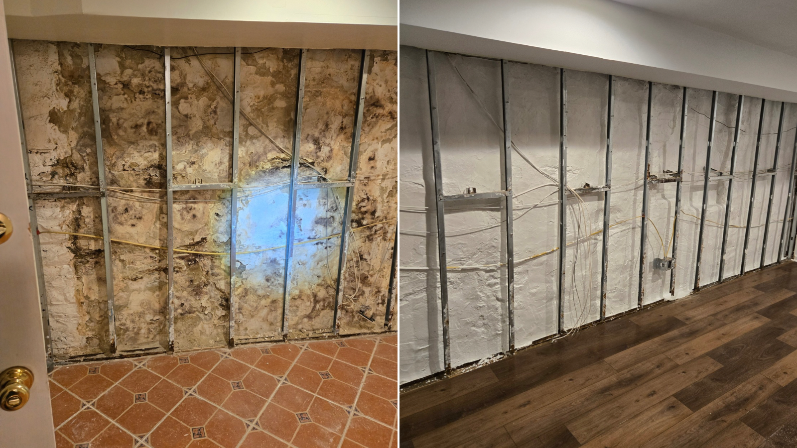 Two basement wall cutaways showing insulation, studs, and framing before and after repair.