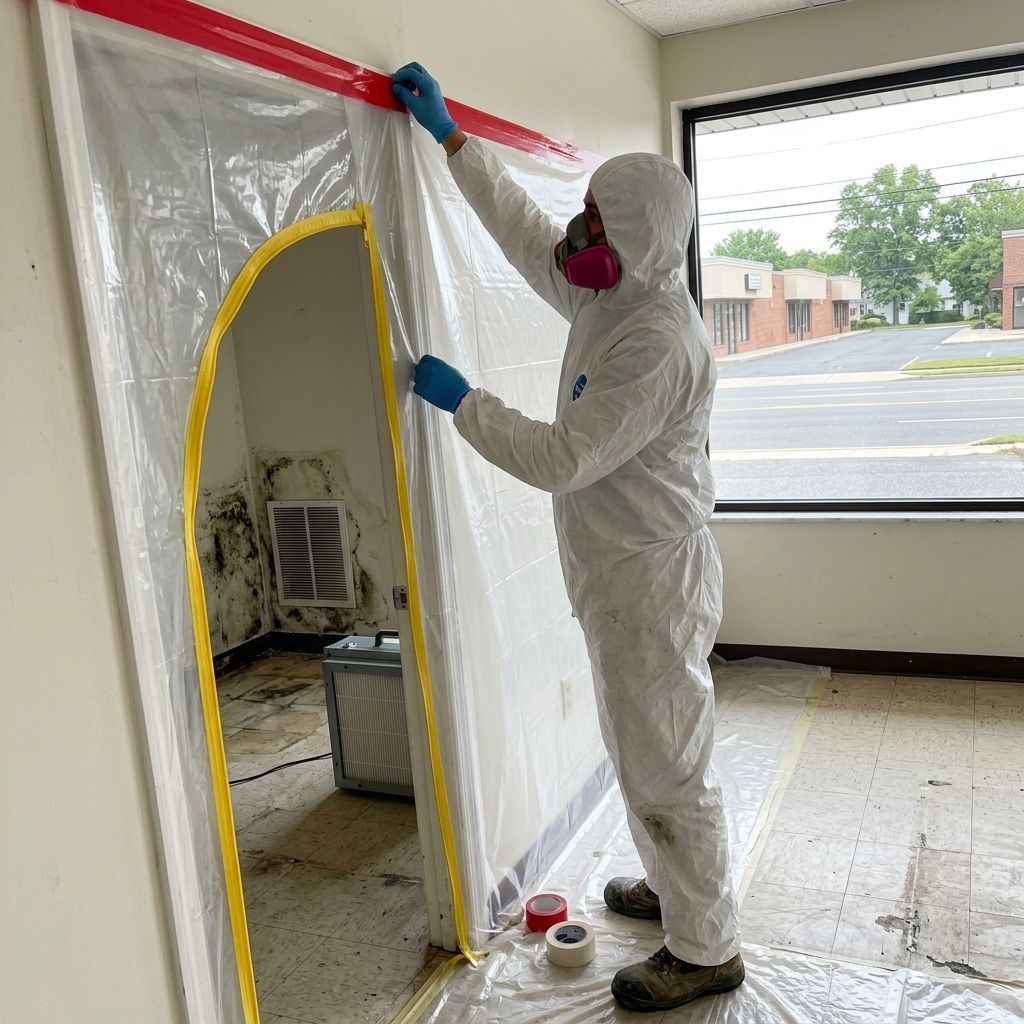 Person in white protective suit taping plastic sheeting over a doorway in a room under renovation