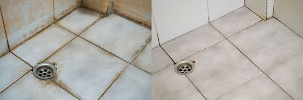 A before and after picture of a tiled floor with a drain.