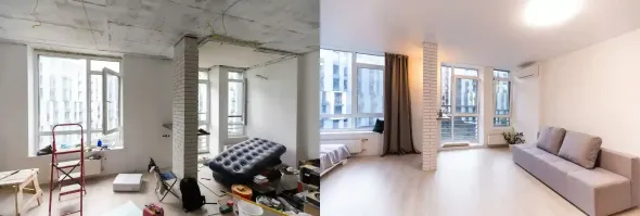A before and after photo of a living room with a couch.