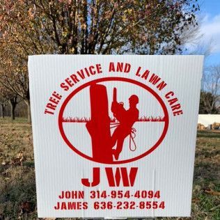 JW Tree Service and Lawn Care lawn sign with red logo, phone numbers, and tree worker silhouette