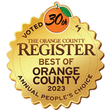 Gold badge logo reading “The Orange County Register Best of Orange County 2023 People’s Choice,” with a “30th” ribbon.