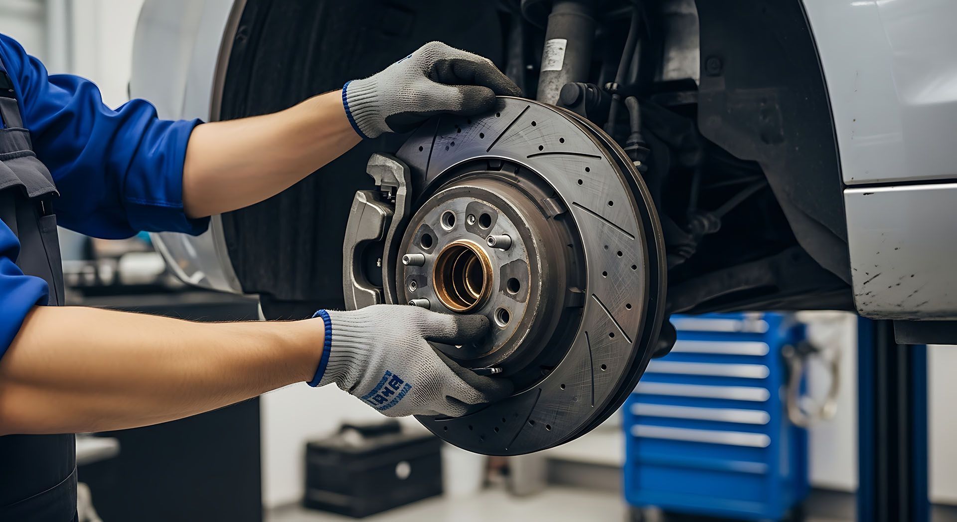 Mechanic installing a new performance brake rotor at a professional auto brake shop. Mechanic installing a new performance brake rotor at a professional auto brake shop.