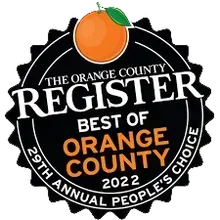 Black award badge with orange and white text reading “The Orange County Register Best of Orange County 2022”