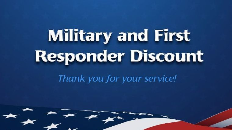 Military and First Responder Discount on blue background with American flag stars and red stripes