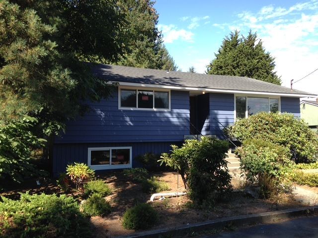 Blue house with white-trimmed windows, surrounded by trees and shrubs in a sunny yard.