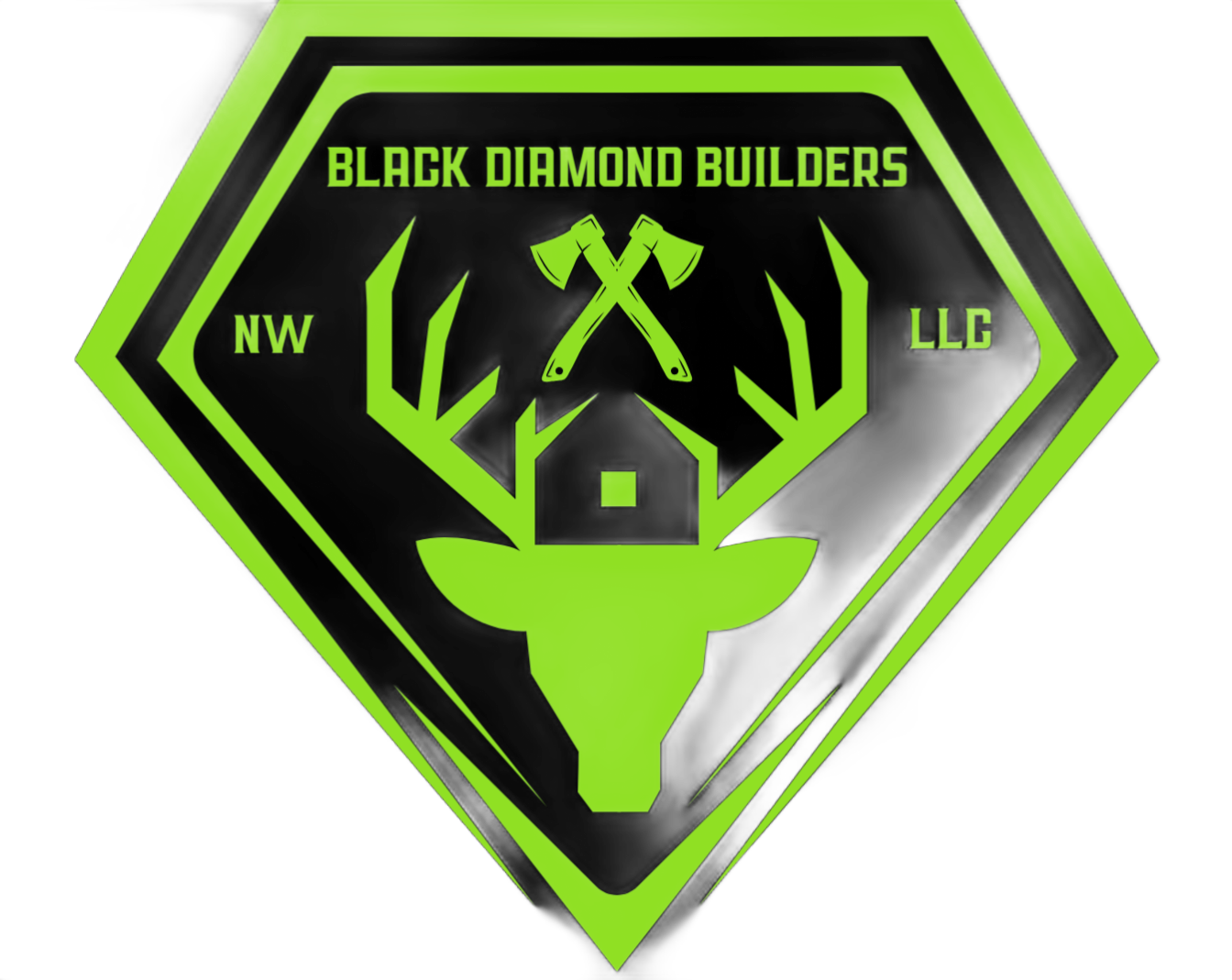 Black and neon green Black Diamond Builders logo with deer antlers, tools, and house icon