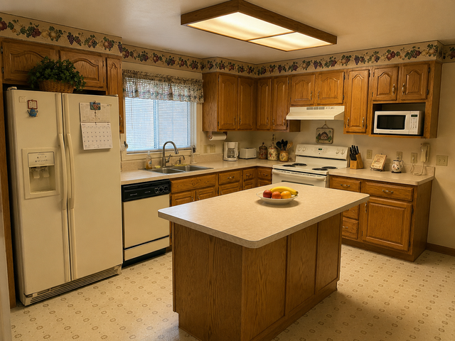Before: dated kitchen with laminate countertops and oak cabinets