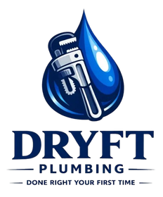 Blue water droplet logo with wrench and pipe, labeled &ldquo;DRYFT PLUMBING&rdquo; with tagline &ldquo;DONE RIGHT YOUR FIRST TIME&rdquo;