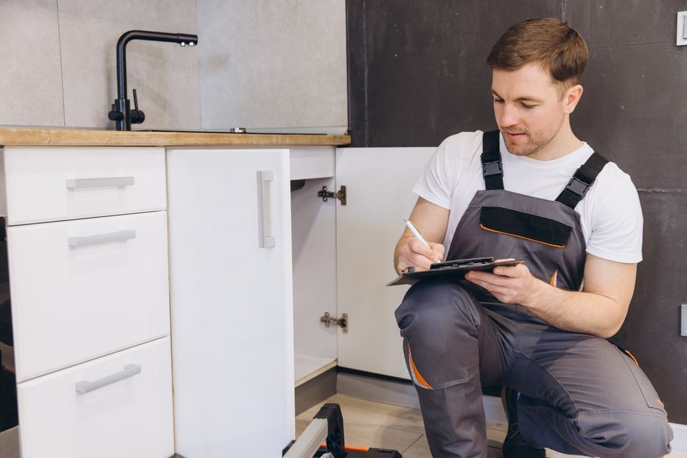 Plumber crouches under a kitchen sink, inspecting it with a tablet or tool kit.