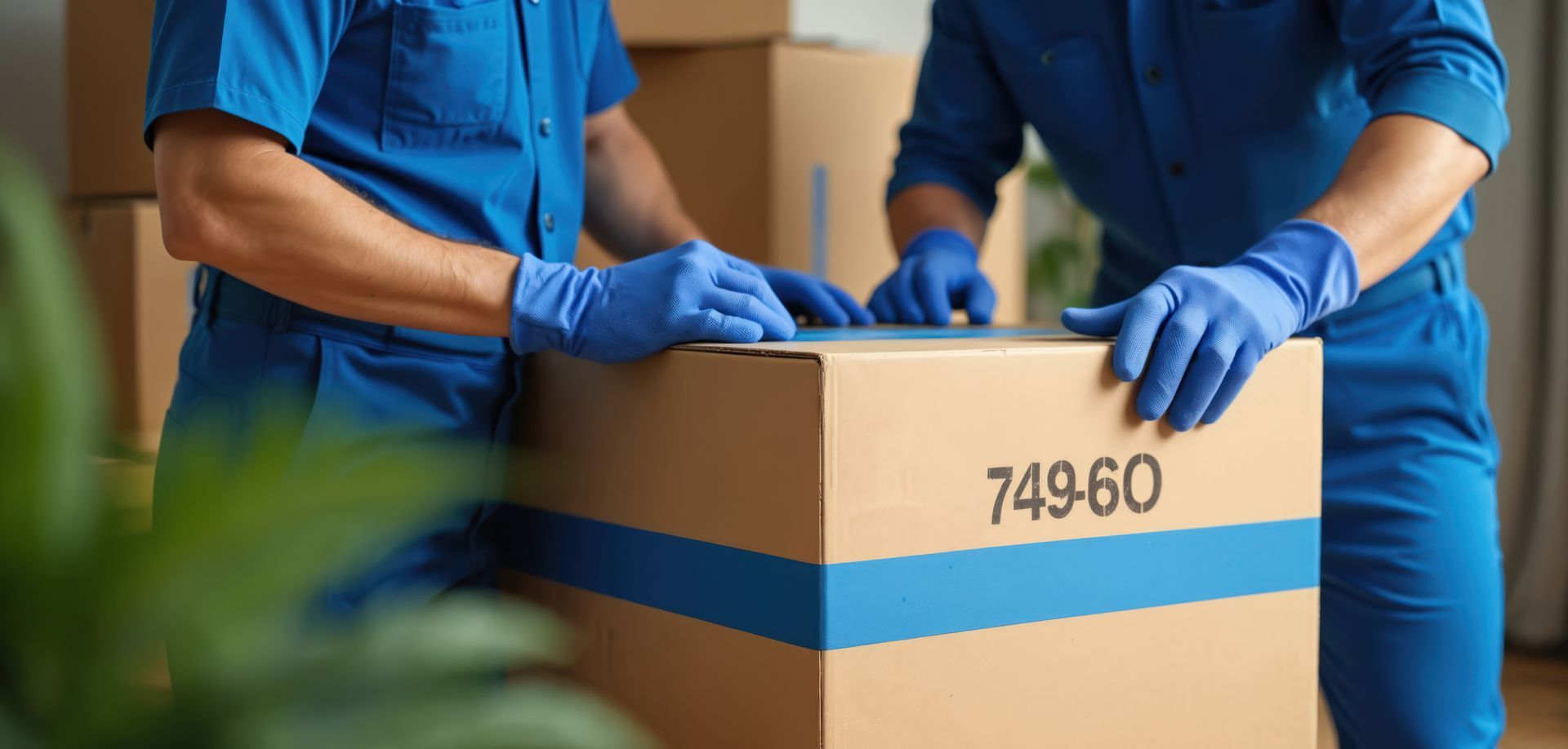 Two professional movers in blue uniform pack brown cardboard box with blue tape. Two professional movers in blue uniform pack brown cardboard box with blue tape.