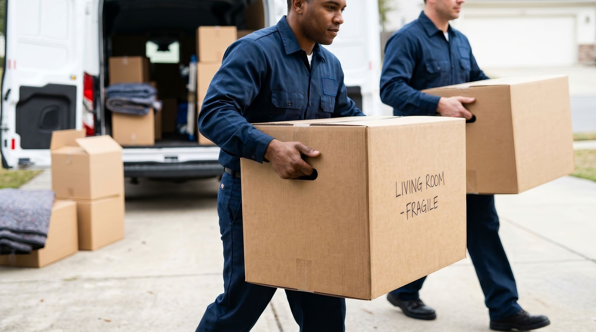 Moving companies team loading furniture into a truck for a home relocation