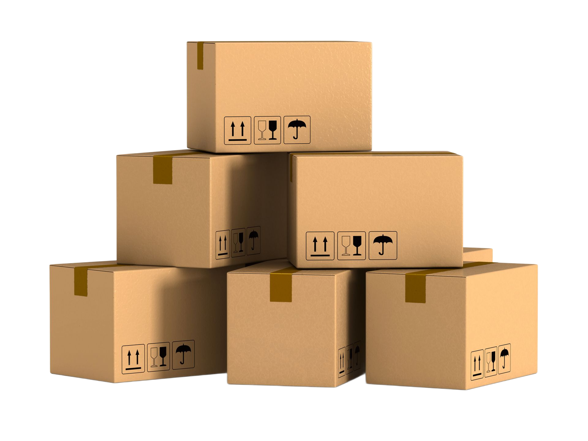 Cardboard boxes stacked in a pyramid shape; shipping labels visible.