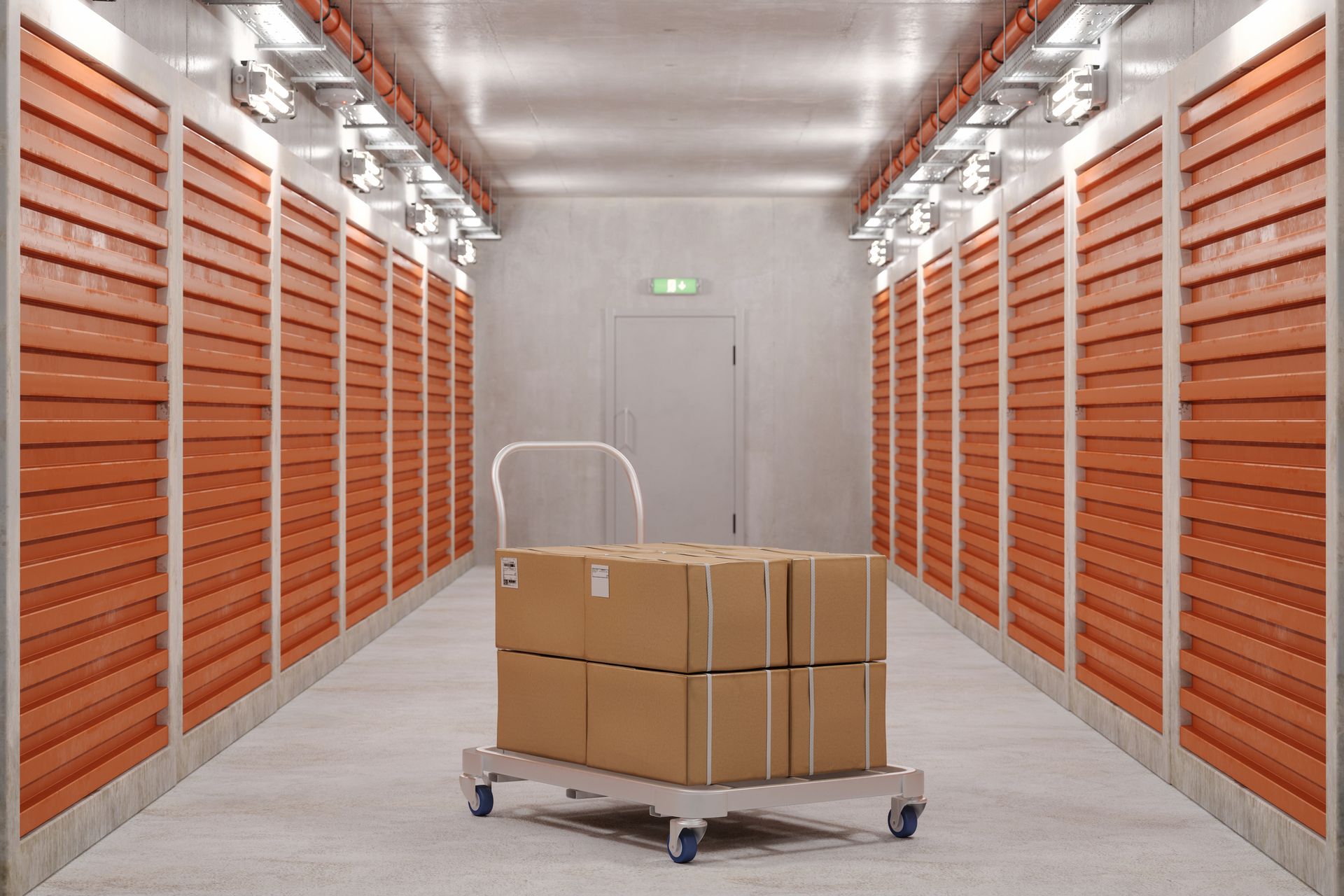 Cart with stacked cardboard boxes in a storage unit hallway. Rows of orange storage lockers on either side.