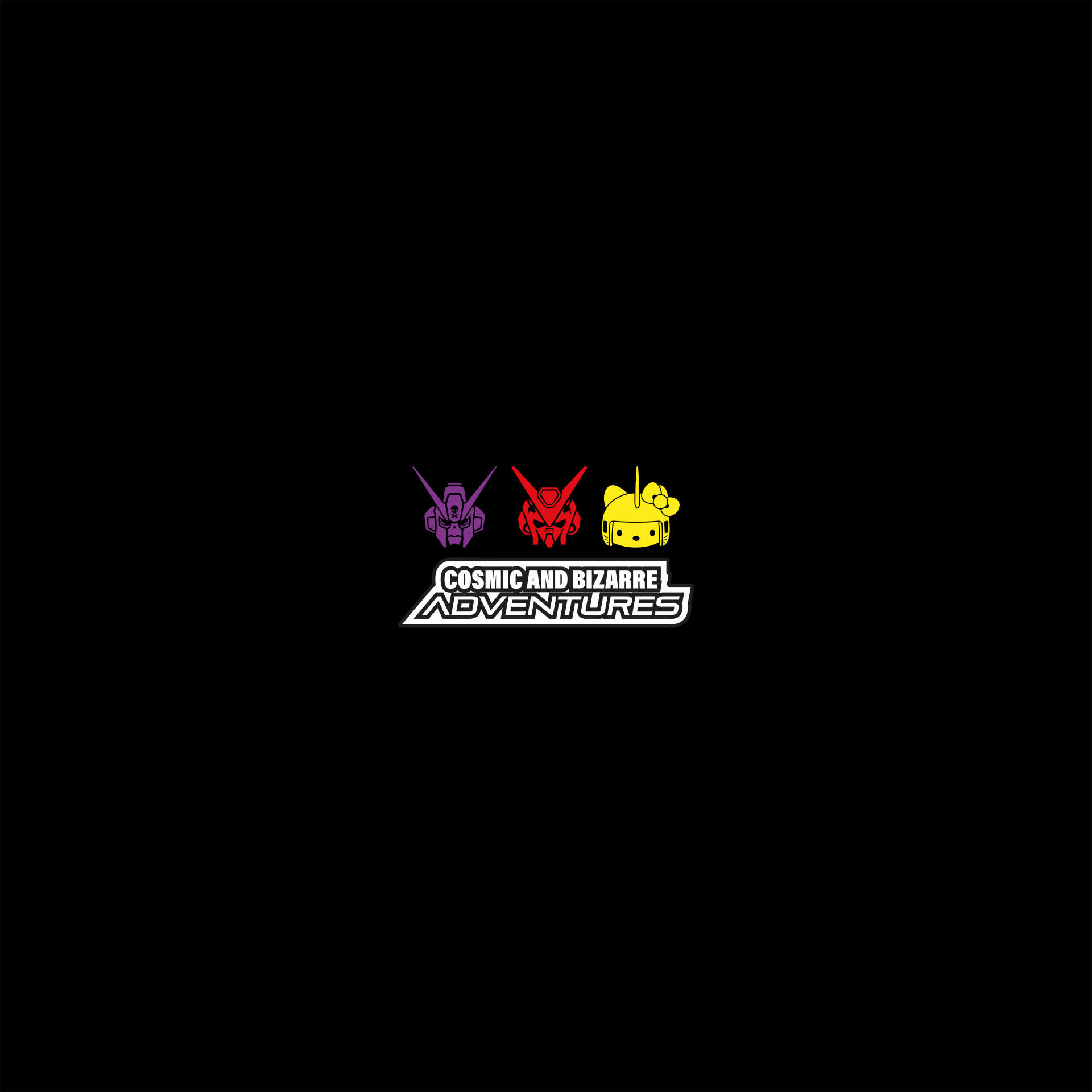 A logo with three robots on a black background.