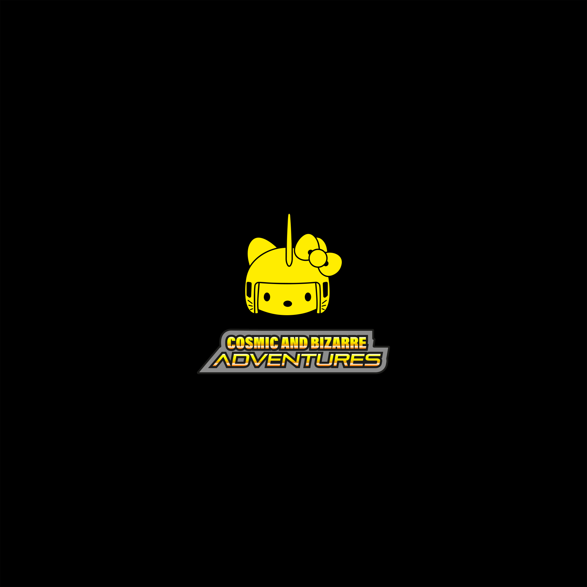 The logo for cosmic and bizarre adventures is yellow on a black background.