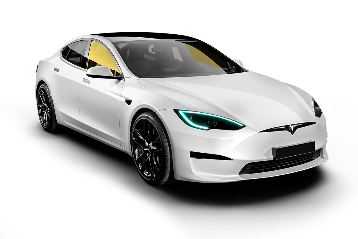 A white tesla model s is shown on a white background.