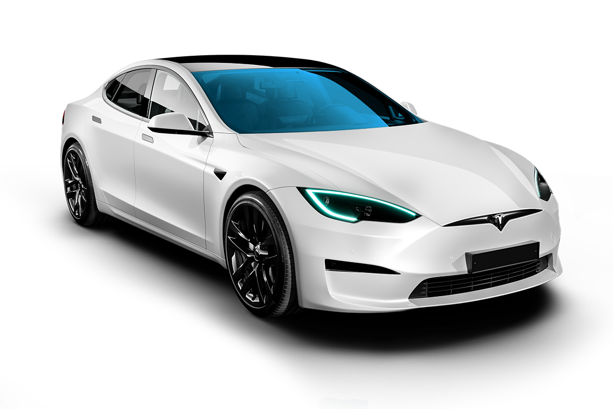 A white tesla model s with a blue windshield on a white background.