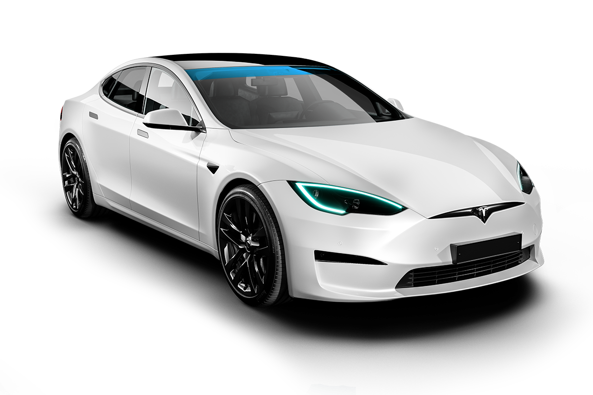 A white tesla model s is shown on a white background.
