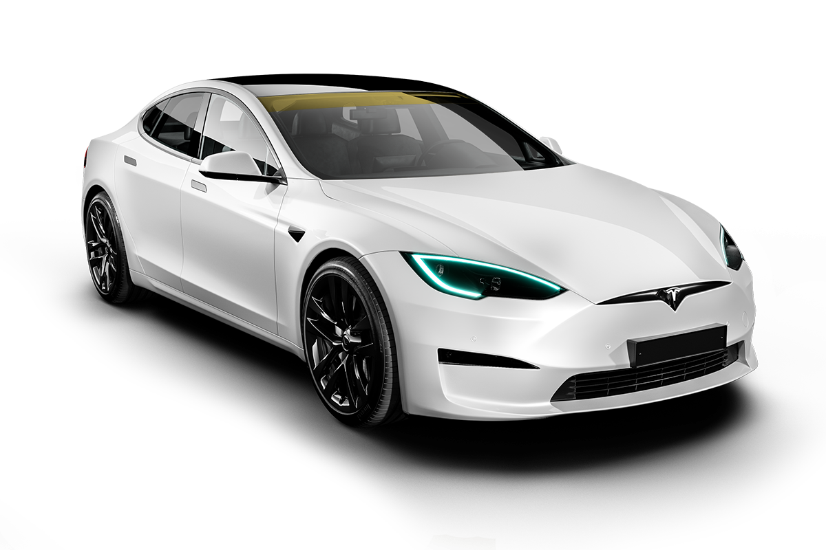 A white tesla model s on a white background.