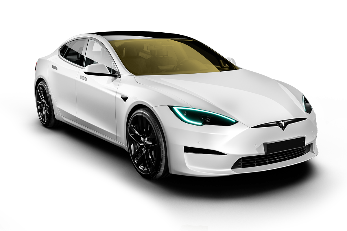 A white tesla model s is shown on a white background.