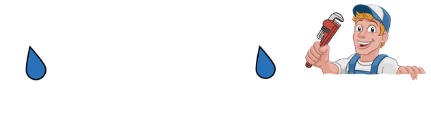 A smiling plumber holding a wrench, with a blue water droplet on each side.