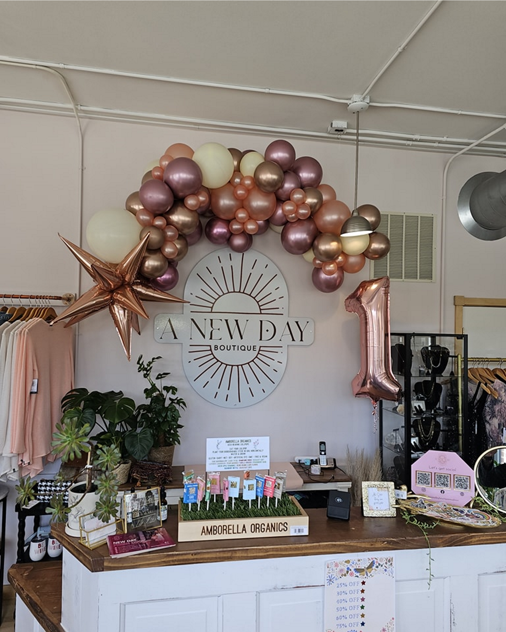 Business anniversary. Organic garland with foil number one balloon. 